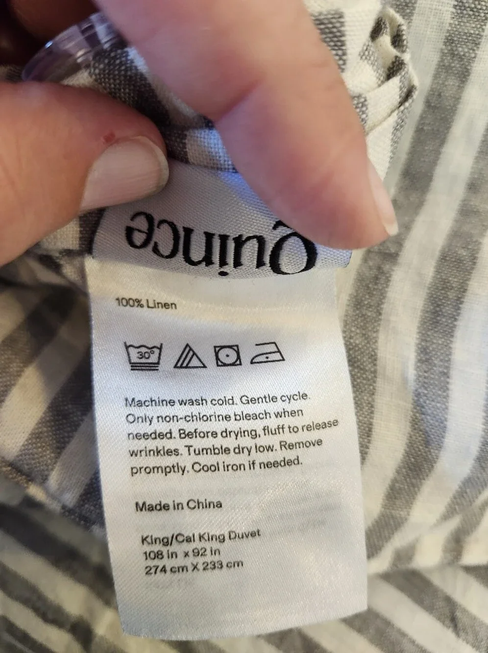 Quince European Linen Duvet Cover King / California King Gray White Stripe EUC